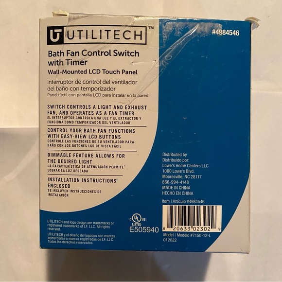 Utilitech Bath Fan Control Switch with Timer Wall-Mounted LCD Touch Panel - Picture 4 of 4